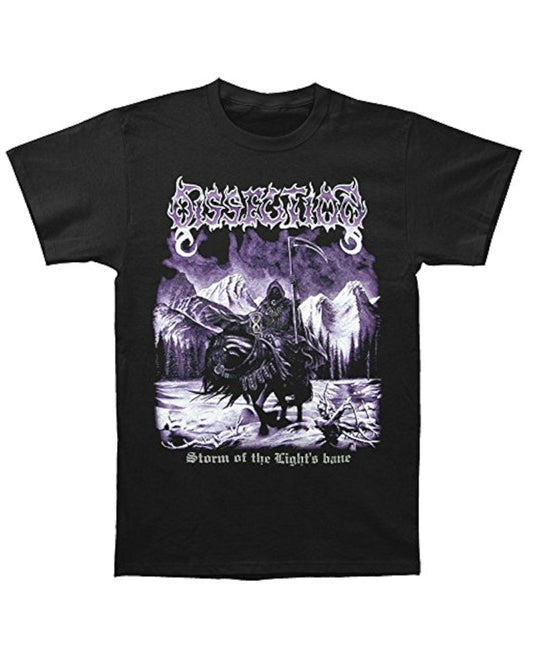 Black t-shirt with graphic design on a white background