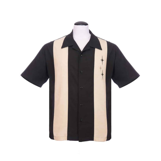 Three Star Panel Black Bowling Shirt by Steady Clothing