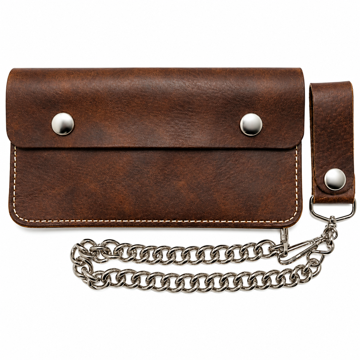 Large Bi-Fold Biker Distressed Brown Leather w/ Chain