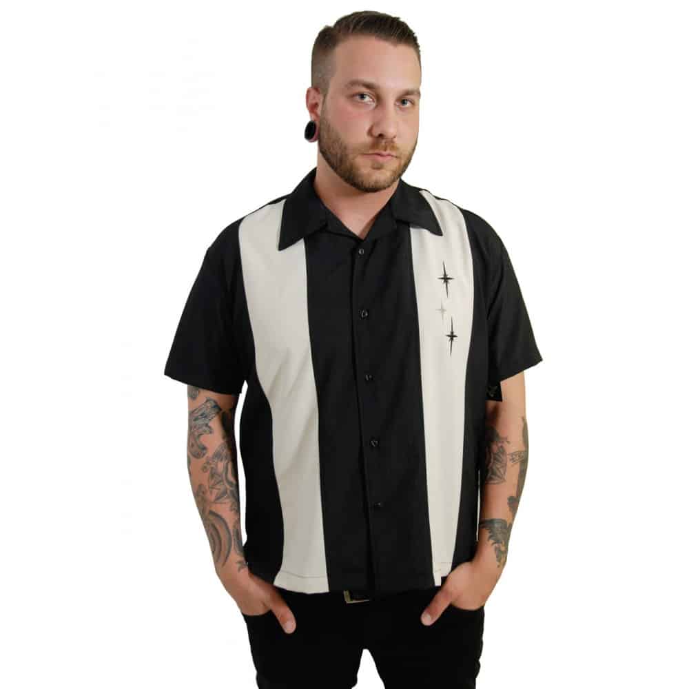Three Star Panel Black Bowling Shirt by Steady Clothing