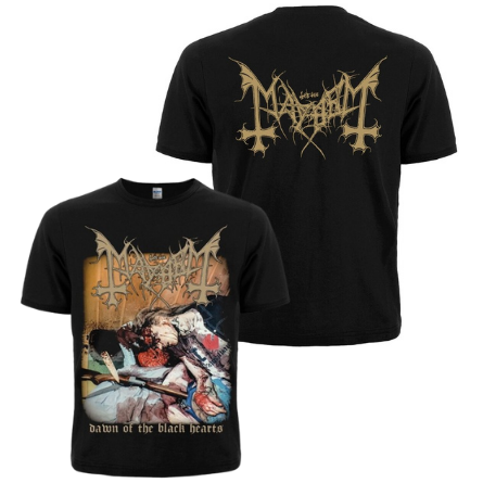 Black short-sleeve band t-shirt for the metal group Mayhem, showing both front and back views. The front features the band's logo in a gothic font above an illustration of a figure with a sword, with the text 'dawn of the black hearts' below.