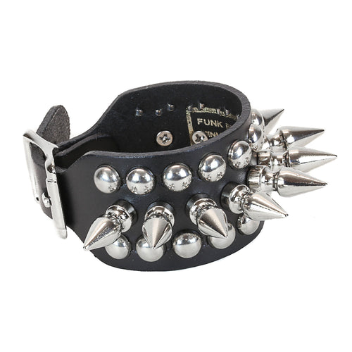 3 Row Cone Spiked Round Studded Leather Wristband