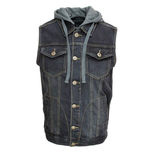 Black Washed Denim Battle Vest with Detachable Hoodie