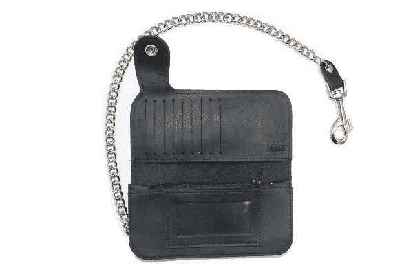 Bi-Fold Biker Side Snap Black Leather Wallet w/ Chain