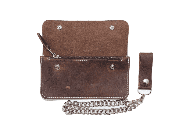 Large Bi-Fold Biker Distressed Brown Leather w/ Chain