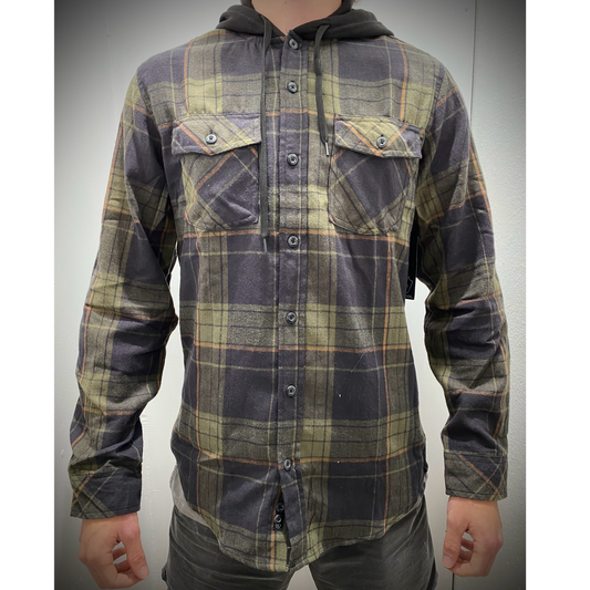 Olive and Dark Navy/Orange Hooded Flannel