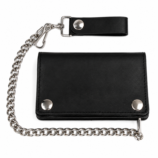 Short Bi-Fold Leather Wallet w/ Chain