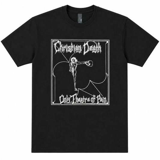 A black short-sleeve crewneck t-shirt featuring a white graphic print of a skeleton figure and the text 'Christian Death' and 'Only Theatre of Pain' in a gothic font, displayed on a solid white background.