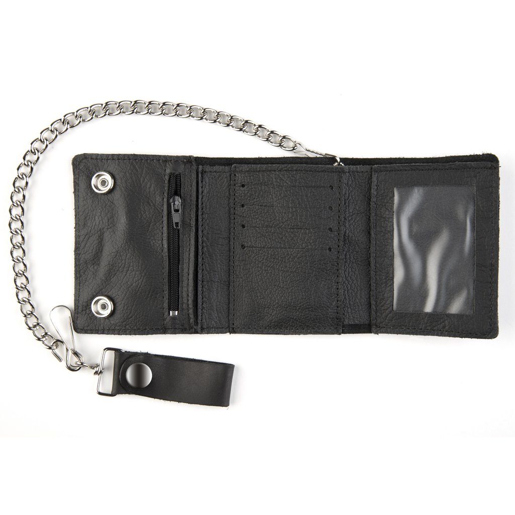 Large Tri-Fold Black Wallet w/ Chain
