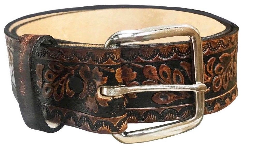Flower Embossed Leather Belt