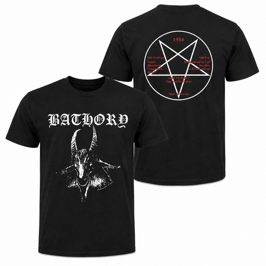 Black short-sleeve t-shirt shown from the front and back on a white background. The front features the word 'BATHORY' in a white gothic font above a white graphic of a horned goat.