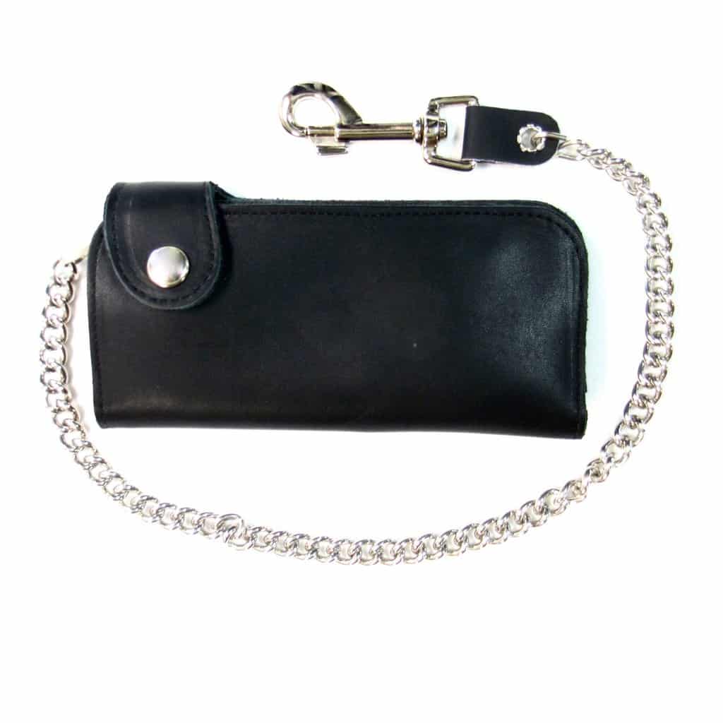 Bi-Fold Biker Side Snap Black Leather Wallet w/ Chain