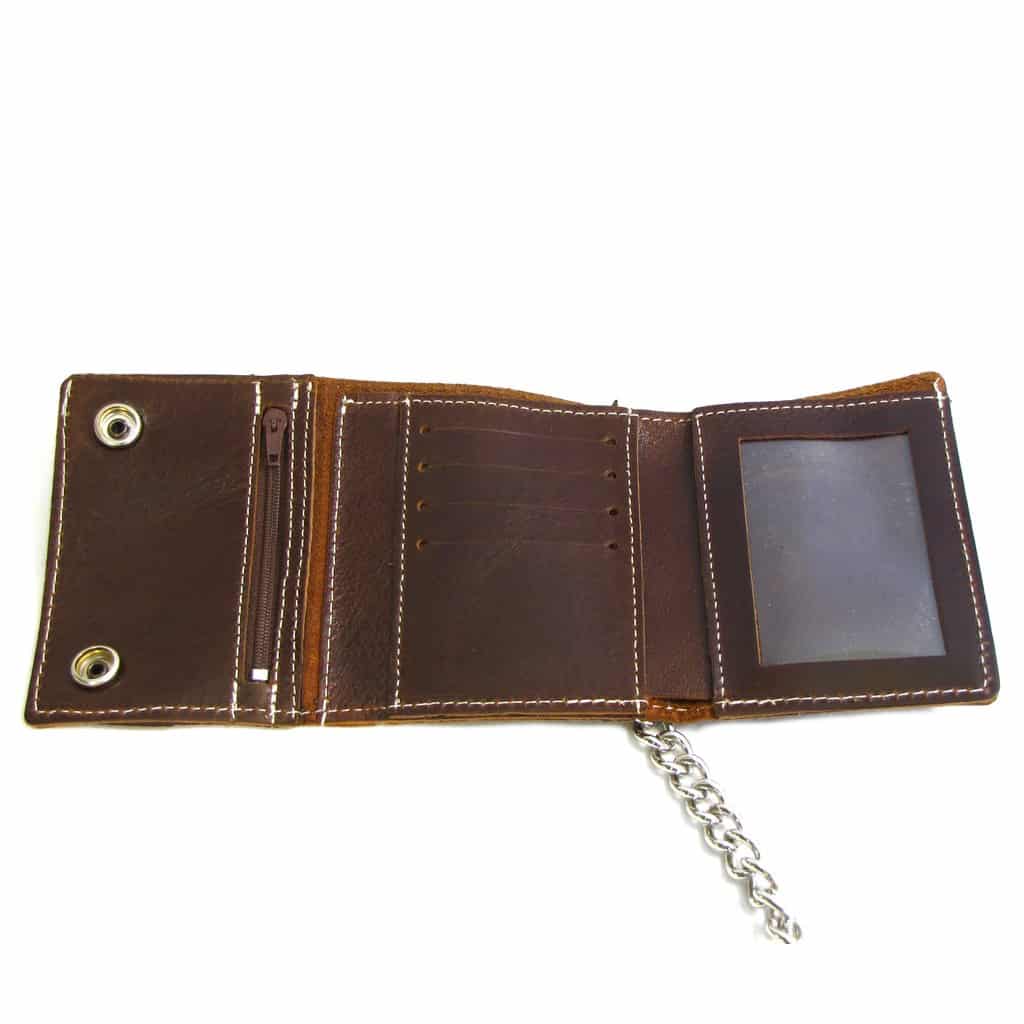 Brown Leather Tri-Fold Wallet w/ Chain