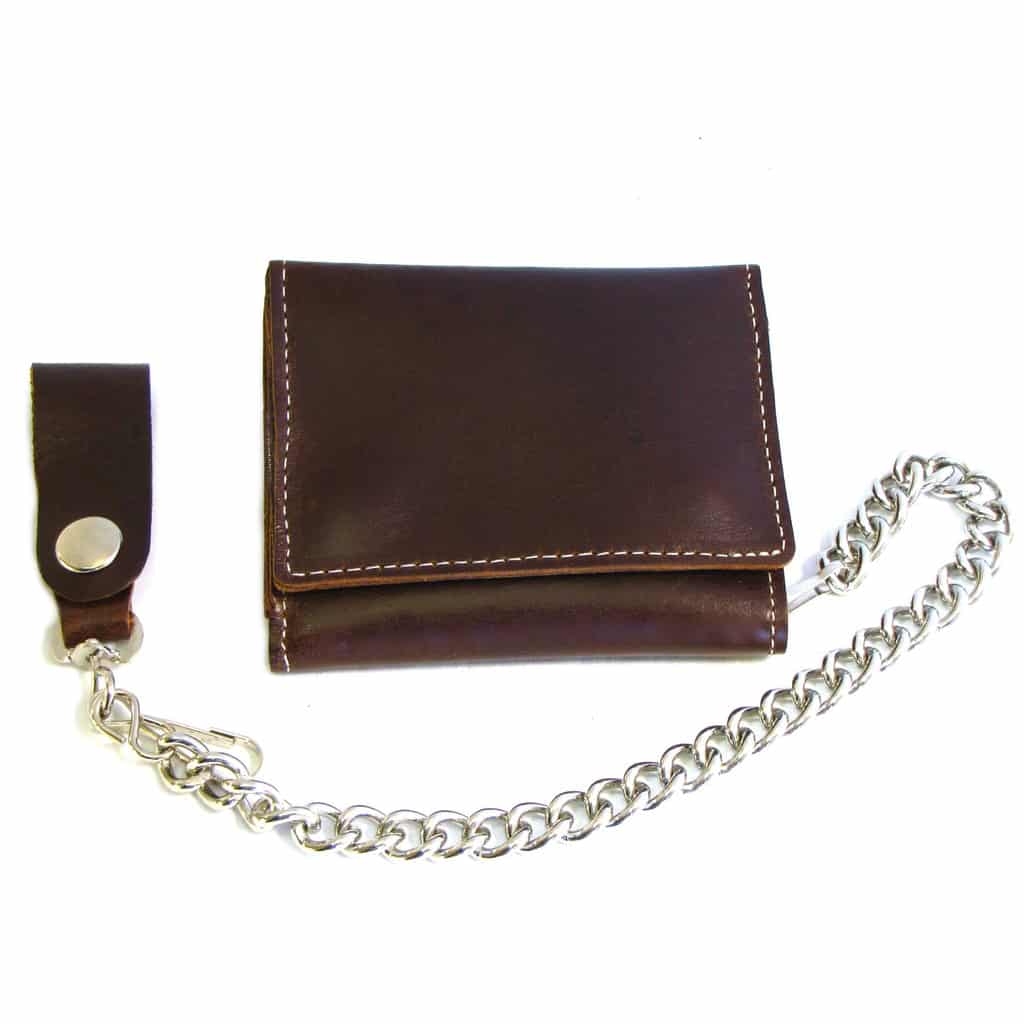Brown Leather Tri-Fold Wallet w/ Chain