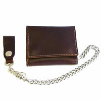 Thumbnail for Brown Leather Tri-Fold Wallet w/ Chain