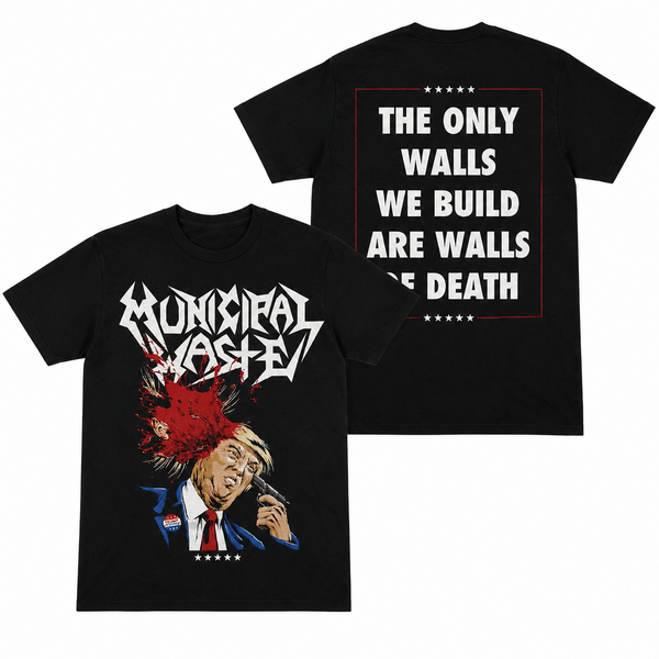 Black short-sleeve graphic t-shirt shown from both front and back on a white background. The front features the white stylized text 'MUNICIPAL WASTE' above a graphic of Donald Trump with red hair splatter and a gun.