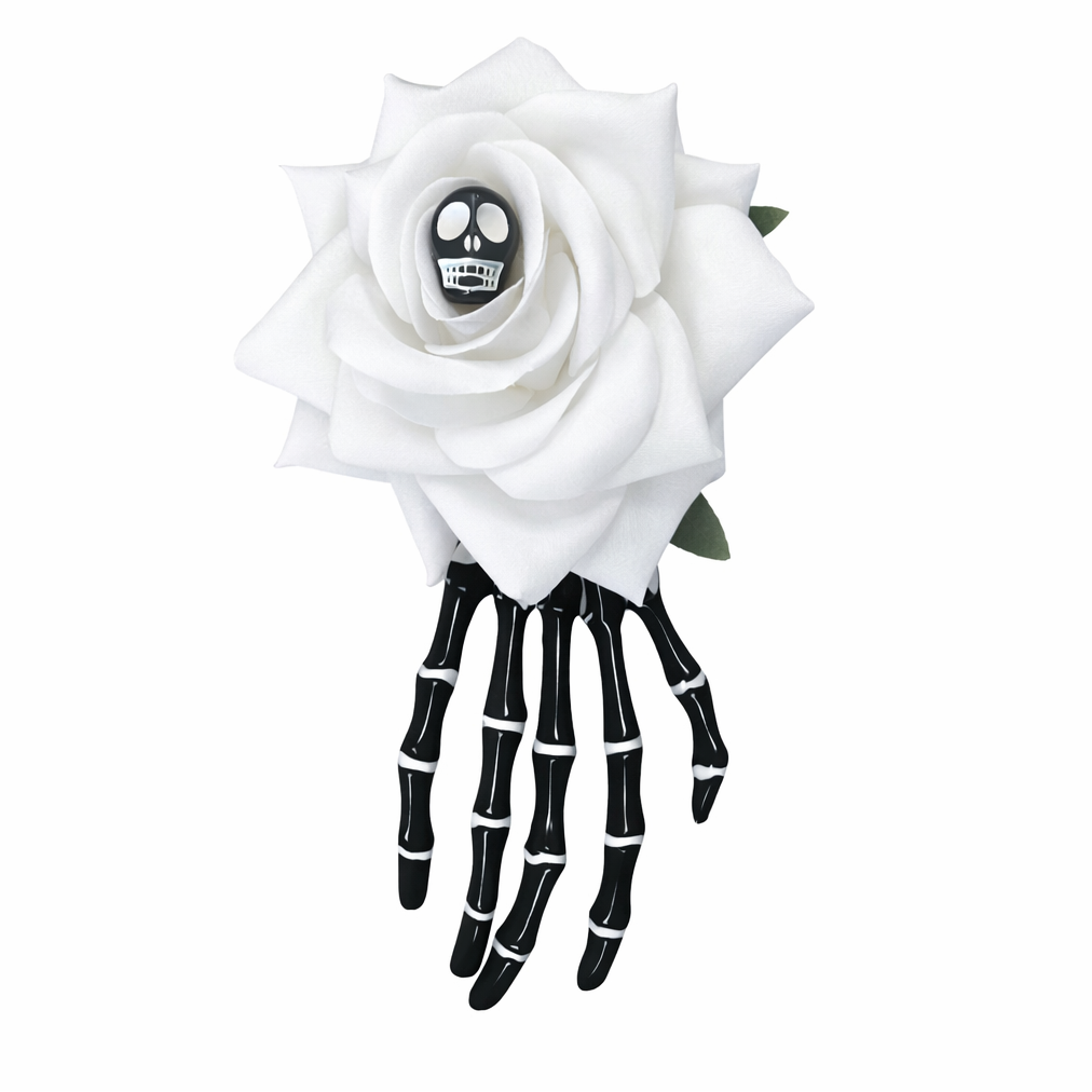 Black Skeleton Hand With White Rose Hair Clip