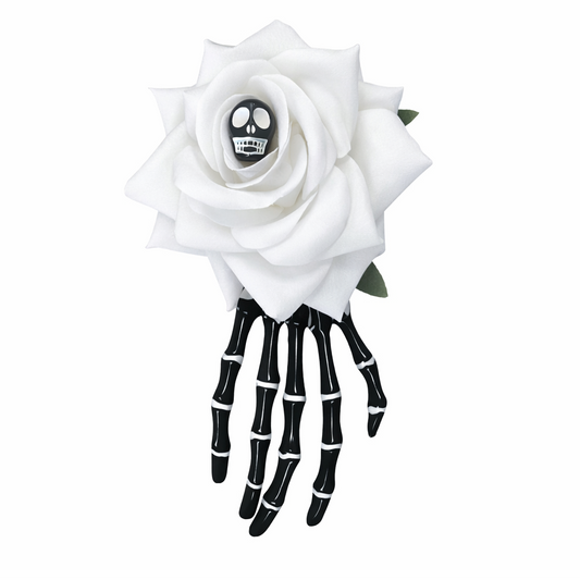 Black Skeleton Hand With White Rose Hair Clip
