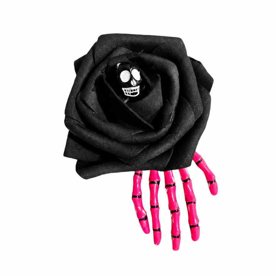 Pink Skeleton Hand with Black Rose Hair Clips