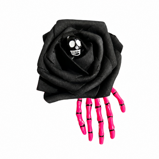 Pink Skeleton Hand with Black Rose Hair Clips
