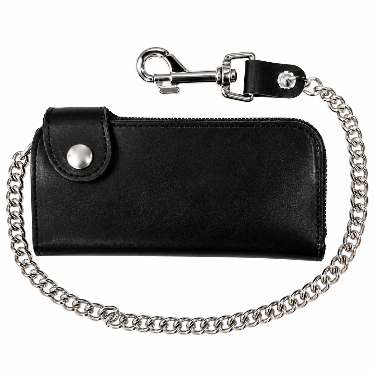 Bi-Fold Biker Side Snap Black Leather Wallet w/ Chain