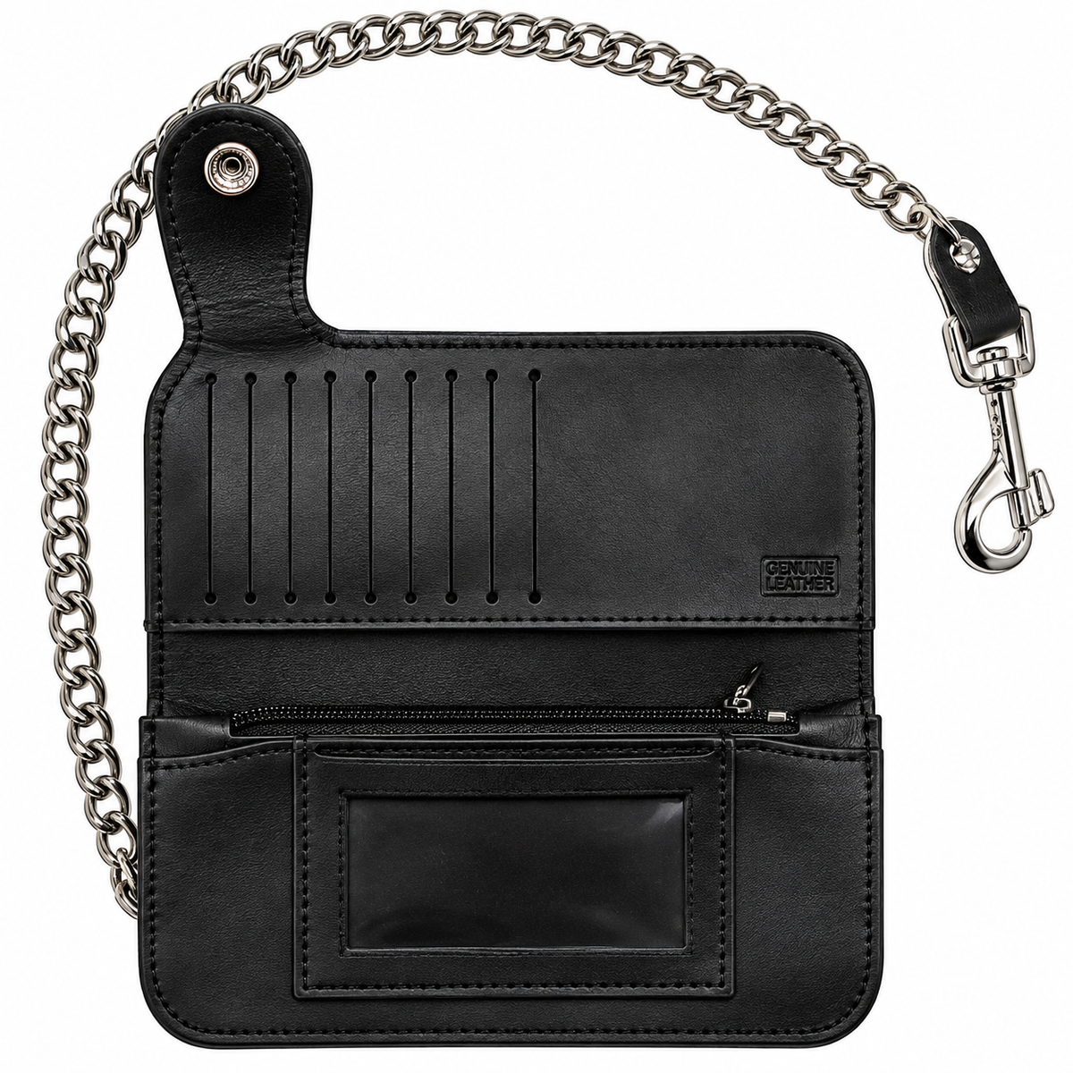 Bi-Fold Biker Side Snap Black Leather Wallet w/ Chain
