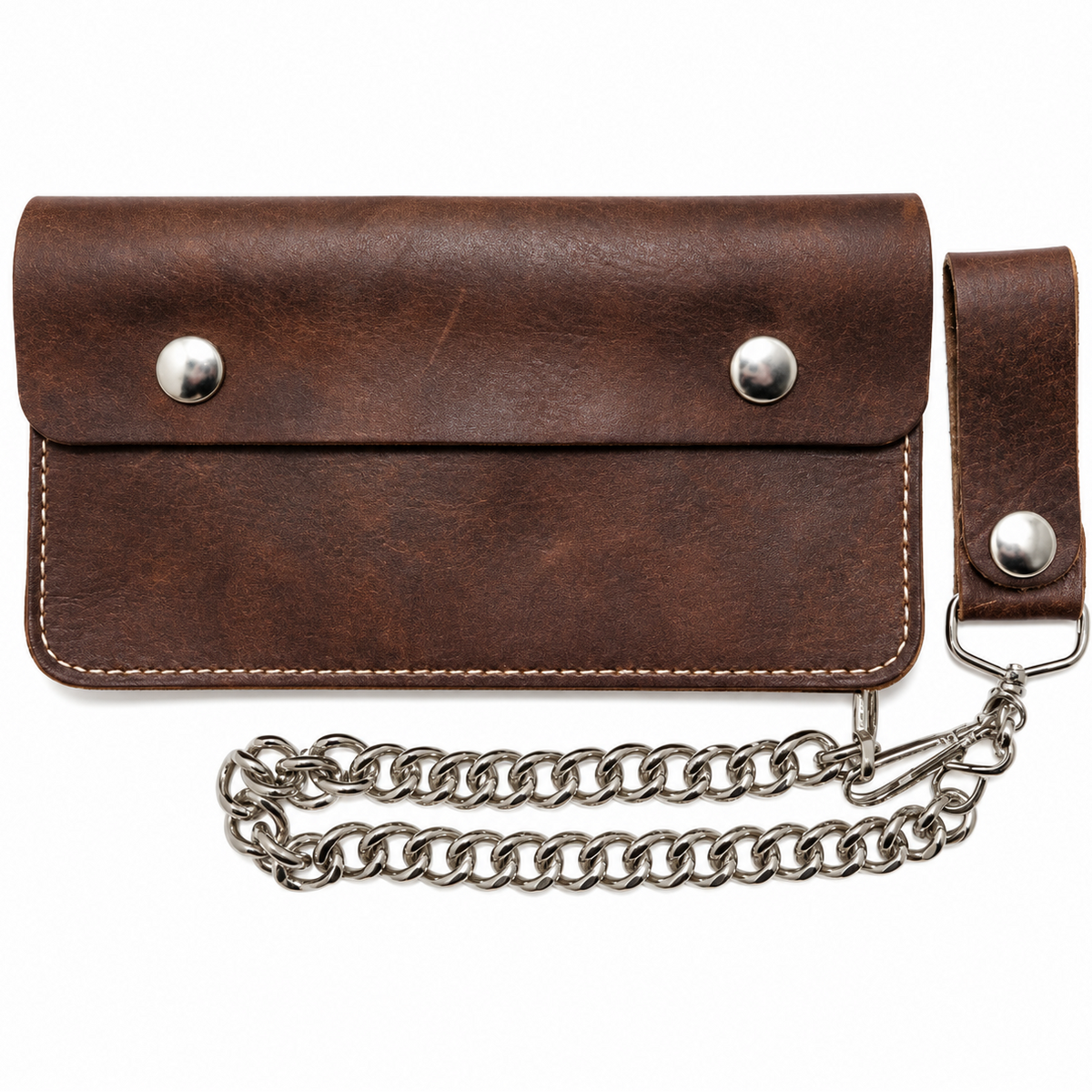 Large Bi-Fold Biker Distressed Brown Leather w/ Chain