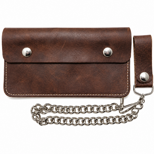 Large Bi-Fold Biker Distressed Brown Leather w/ Chain