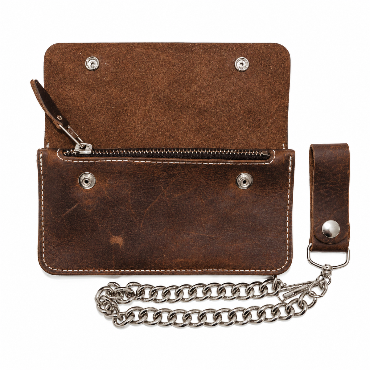 Large Bi-Fold Biker Distressed Brown Leather w/ Chain