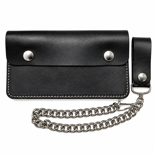 Large Bi-Fold Biker Black Oily Leather w/ Chain