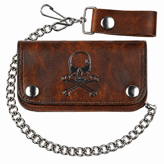 6" Skull Crossbones Leather Wallet w/ Chain