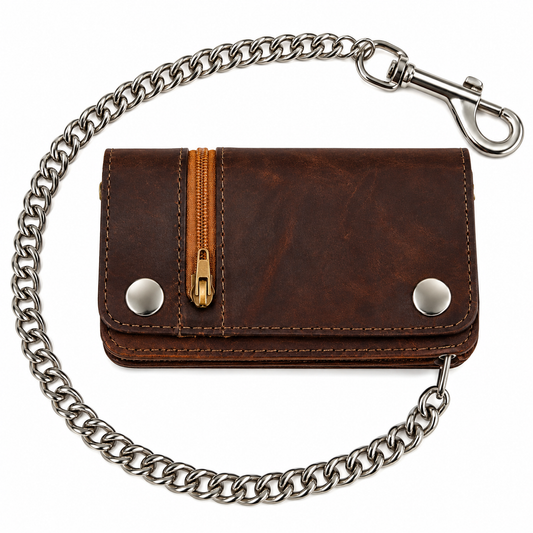 6" Side Zipper Brown Wallet w/ Chain