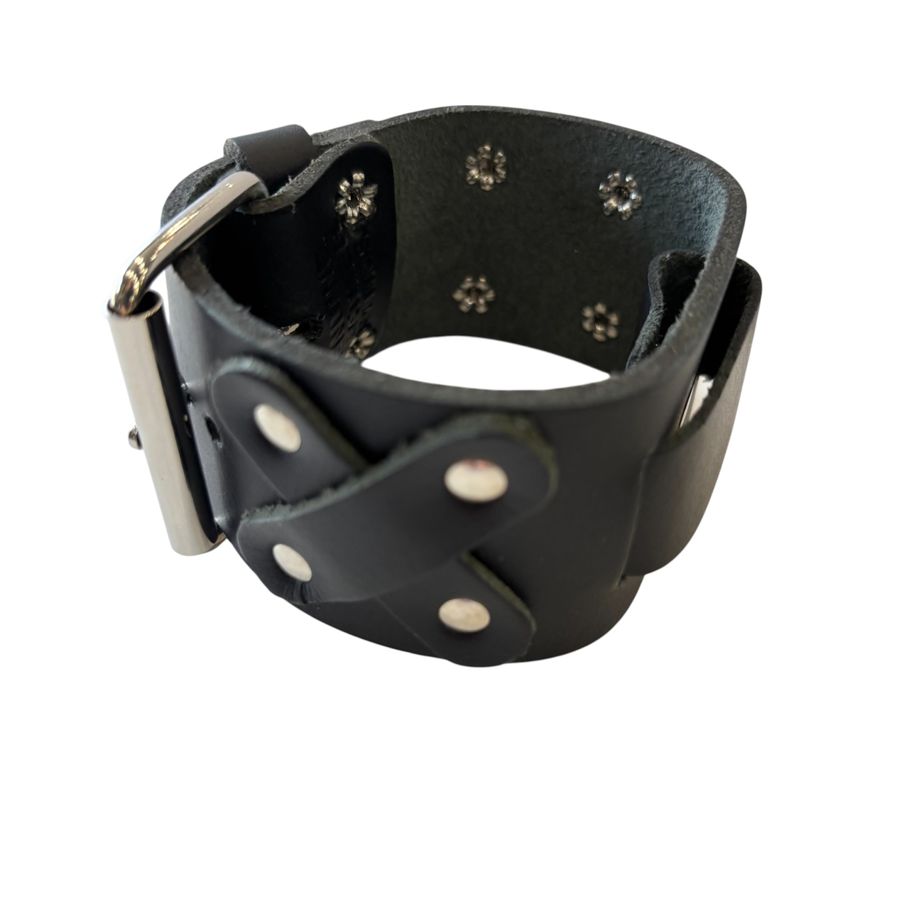 "X" Studded Black Leather Watchband