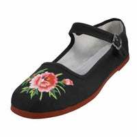 Thumbnail for Embroidered Flower Black Cotton Mary Jane Shoes