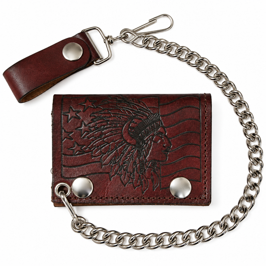 Antique Finish Indian Chief Flag Tri-Fold Wallet w/ Chain