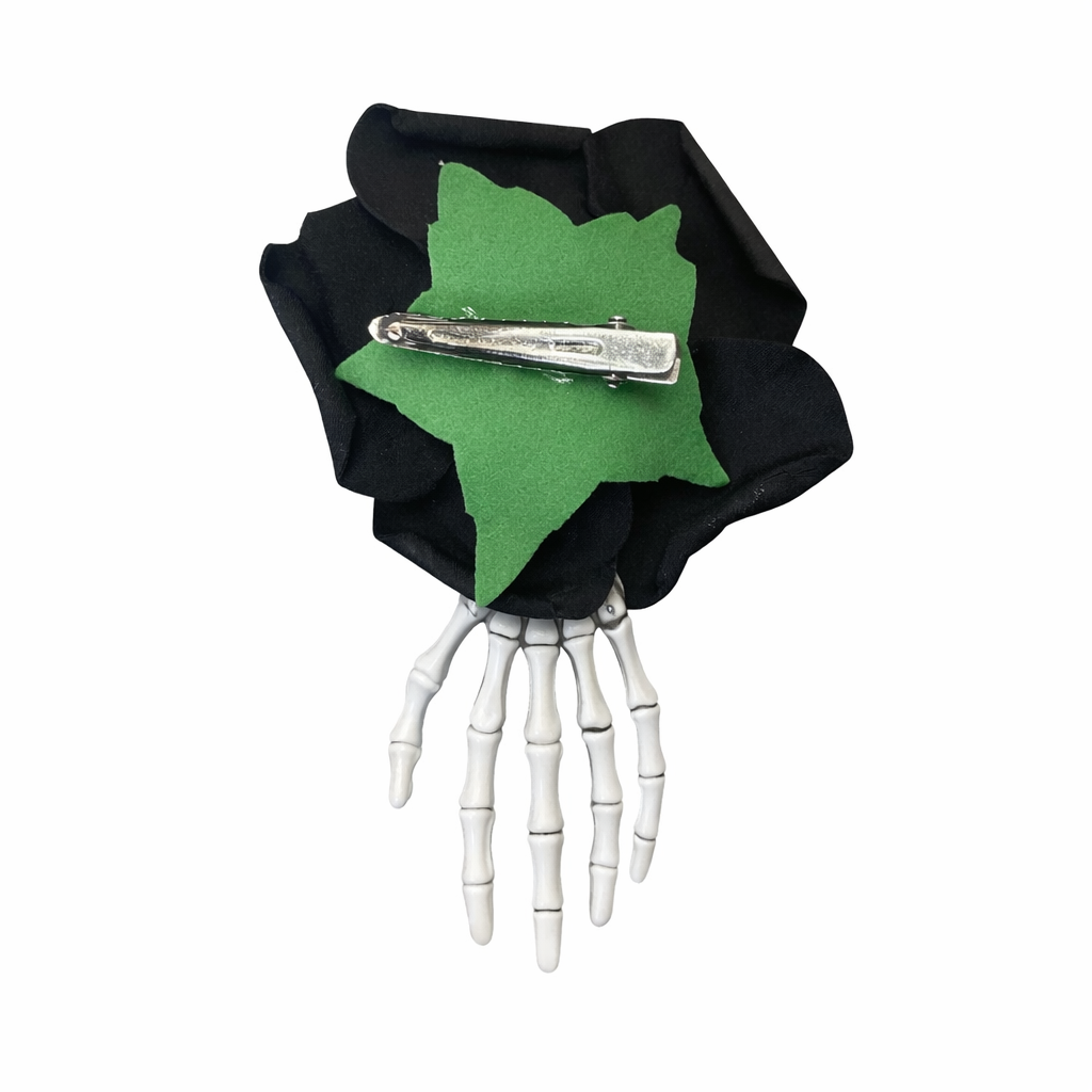 White Skeleton Hand With Black Rose Hair Clip