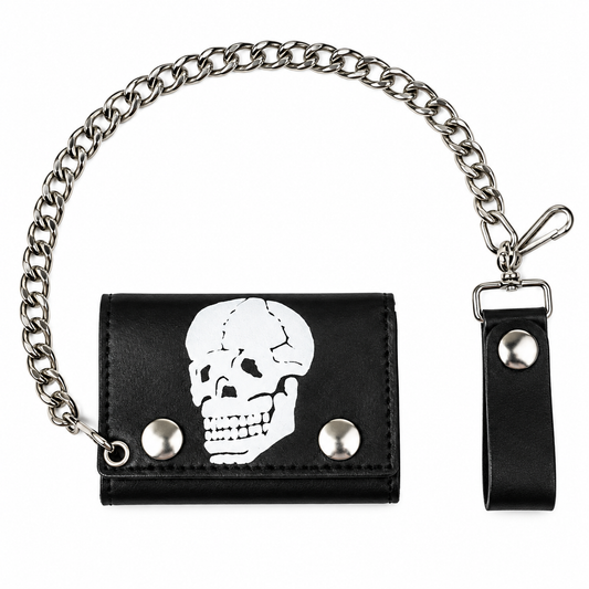 Bonehead Skull Tri-Fold Biker Wallet w/ Chain