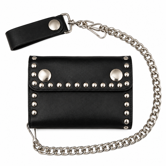Studded Bi-Fold Leather Wallet w/ Chain