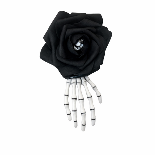 White Skeleton Hand With Black Rose Hair Clip