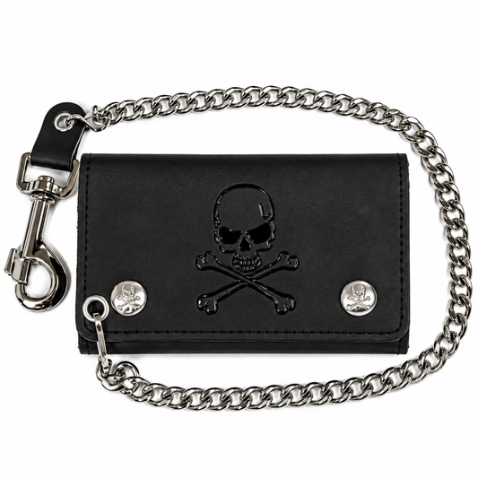 Skull and Crossbones embossed Mid-Size Wallet w/Chain