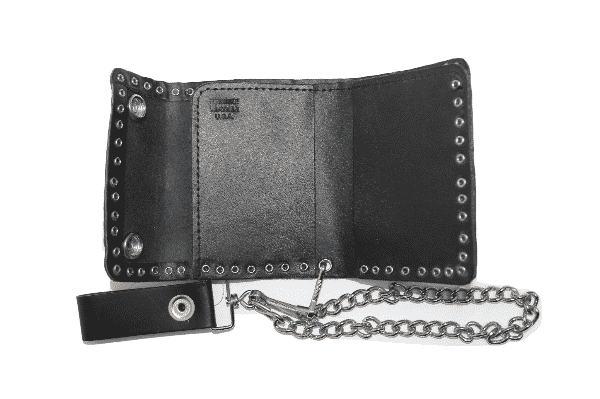 Studded Bi-Fold Leather Wallet w/ Chain