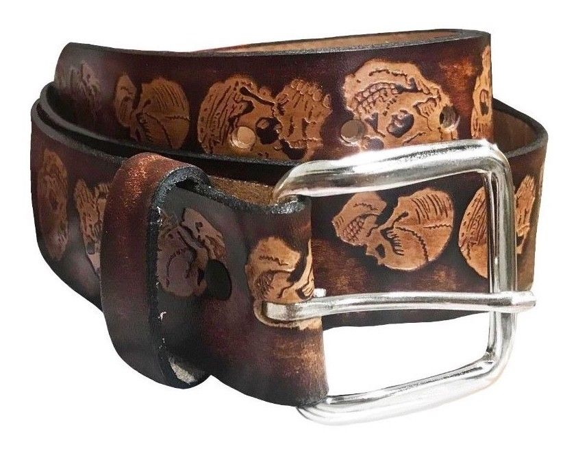 Skull Embossed Brown Leather Belt