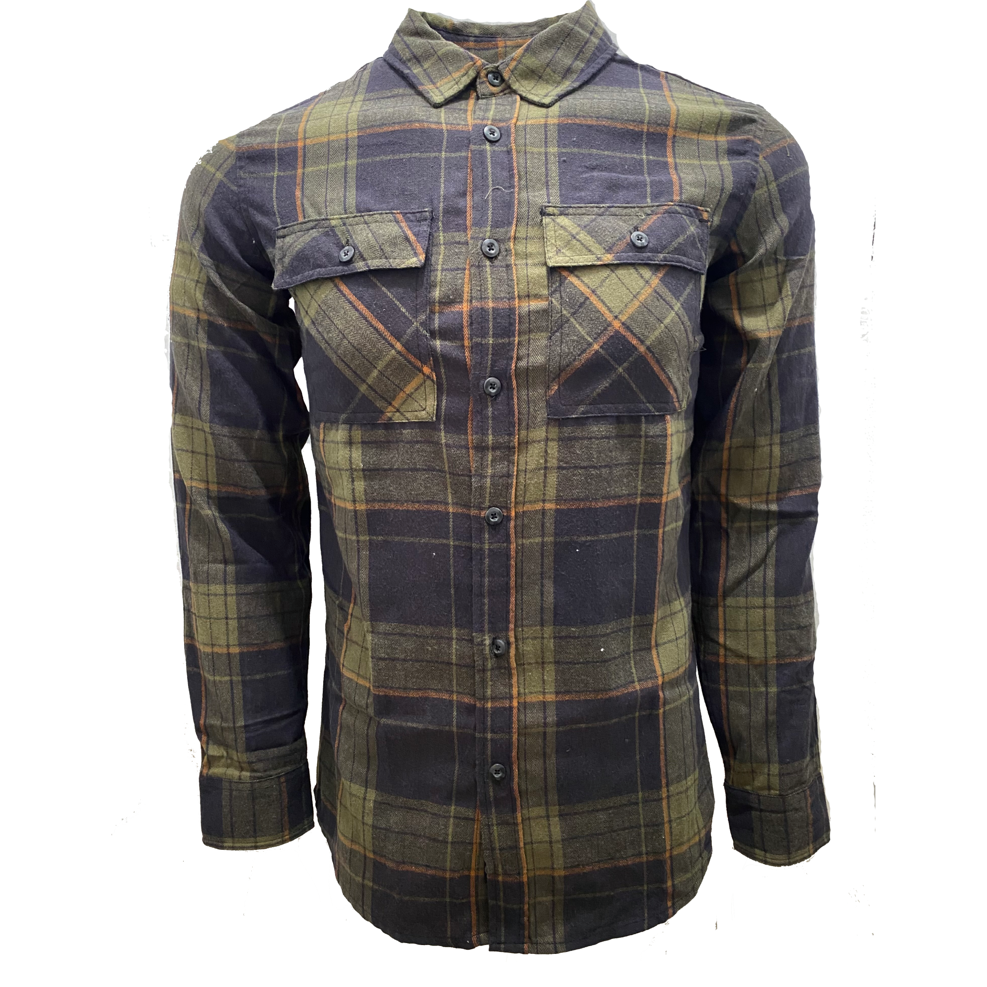 Olive and Dark Navy/Orange Plaid Flannel
