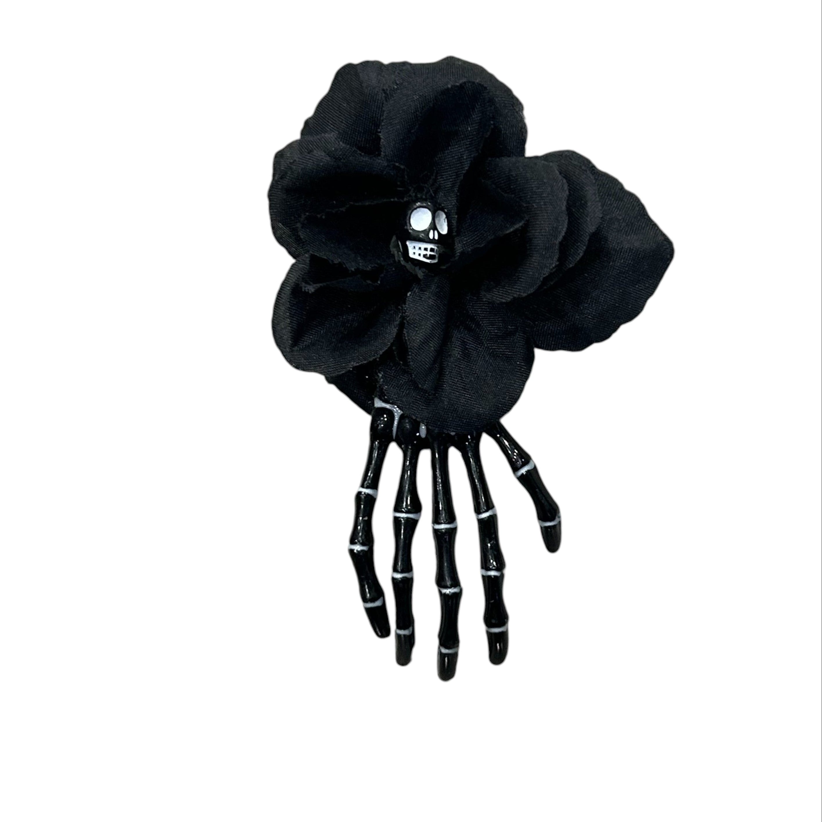 Black Skeleton Hand with Black Rose Hair Clips