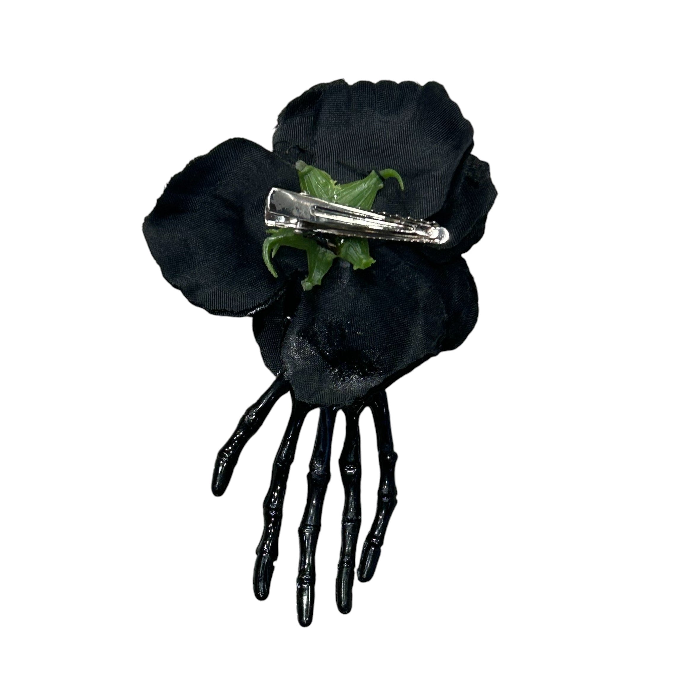 Black Skeleton Hand with Black Rose Hair Clips