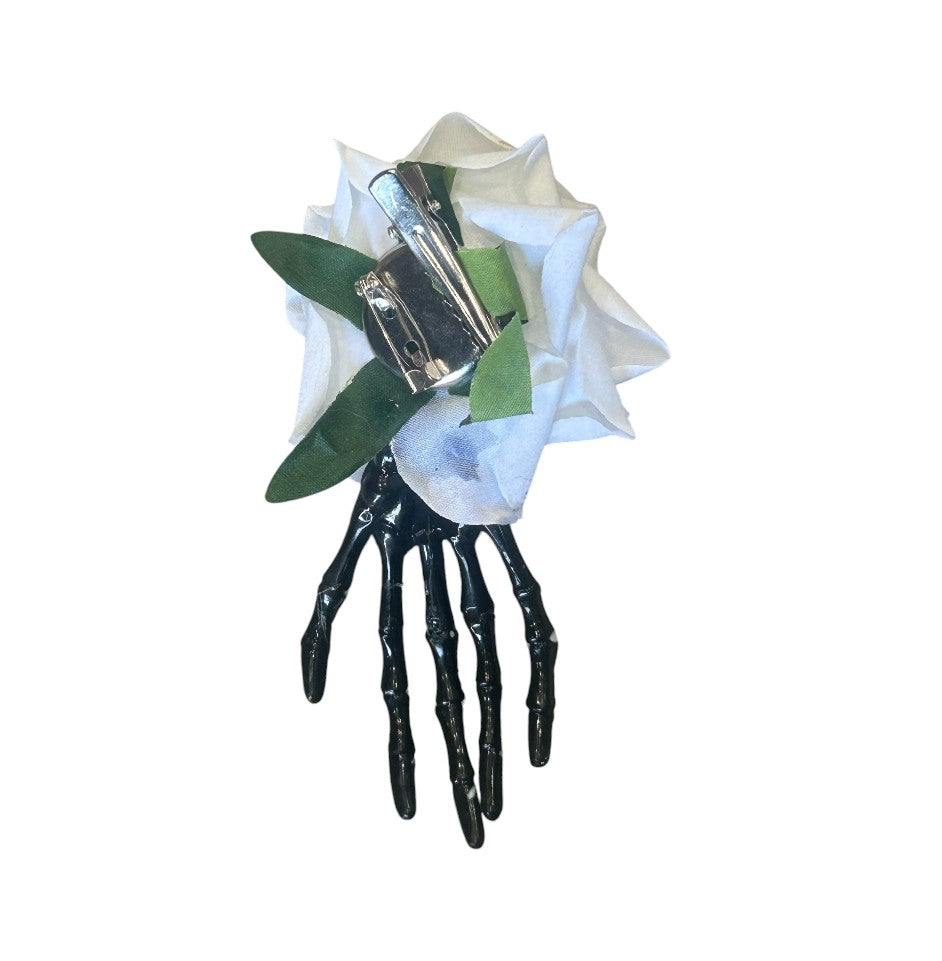 Black Skeleton Hand With White Rose Hair Clip