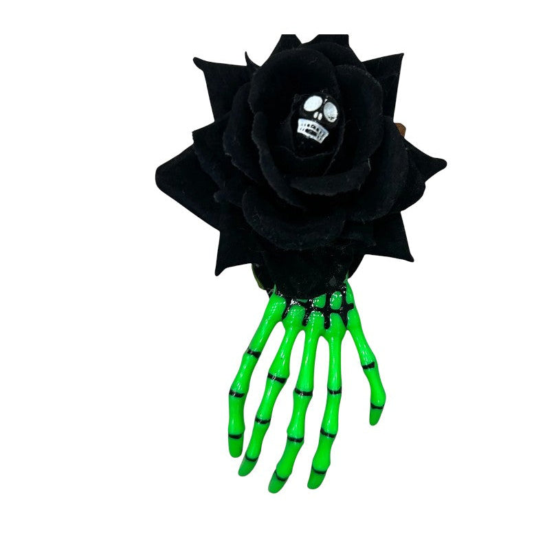 Green Skeleton Hand with Black Rose Hair Clips