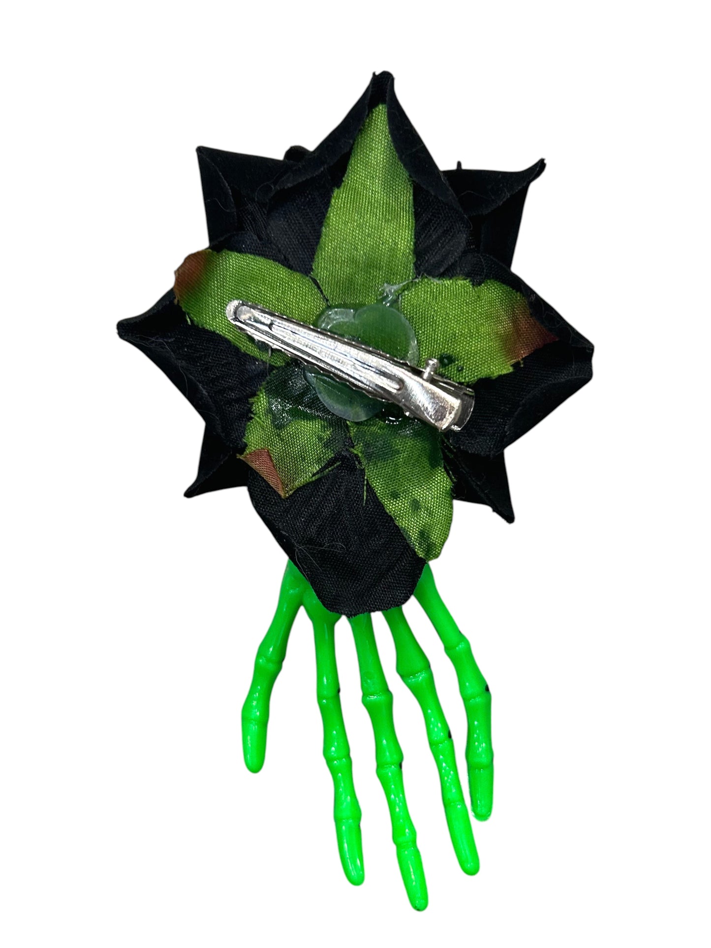 Green Skeleton Hand with Black Rose Hair Clips