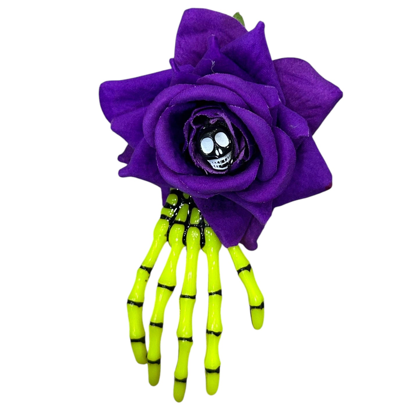 Yellow Skeleton Hand with Purple Rose Hair Clips