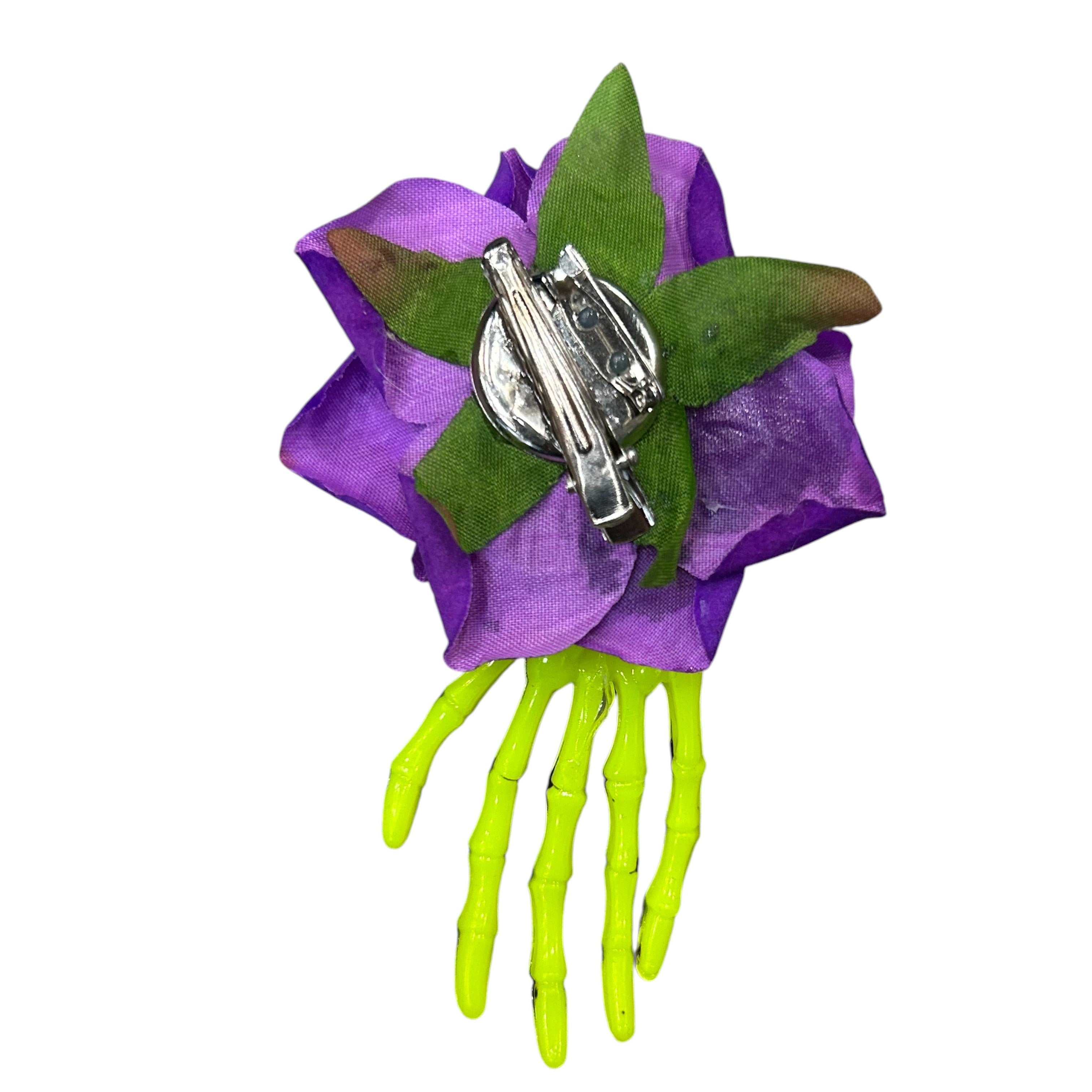 Yellow Skeleton Hand with Purple Rose Hair Clips